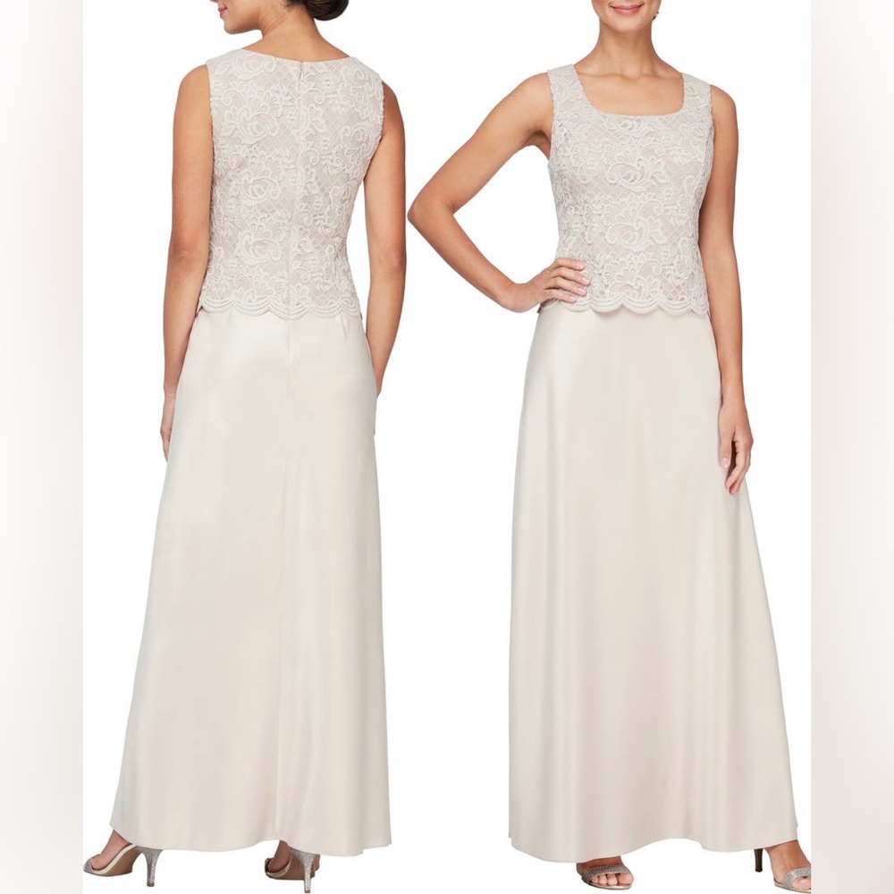 ALEX EVENINGS EMBROIDERED LACE MOCK GOWN, TAUPE, SIZE 16